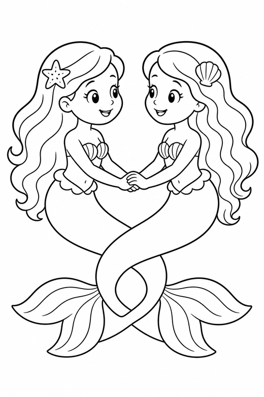 Two mermaids: Two mermaids facing each other, tails intertwined, free printable coloring page