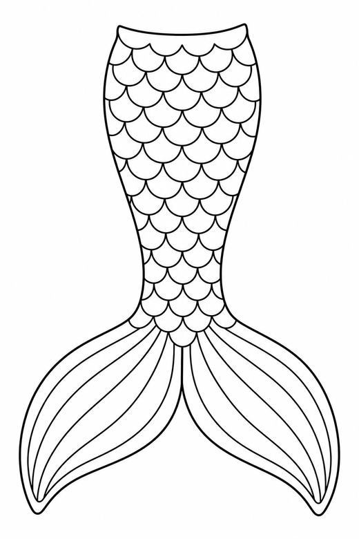 Mermaid tail close-up: A mermaid tail with detailed scale patterns and a wide fin, free printable coloring page