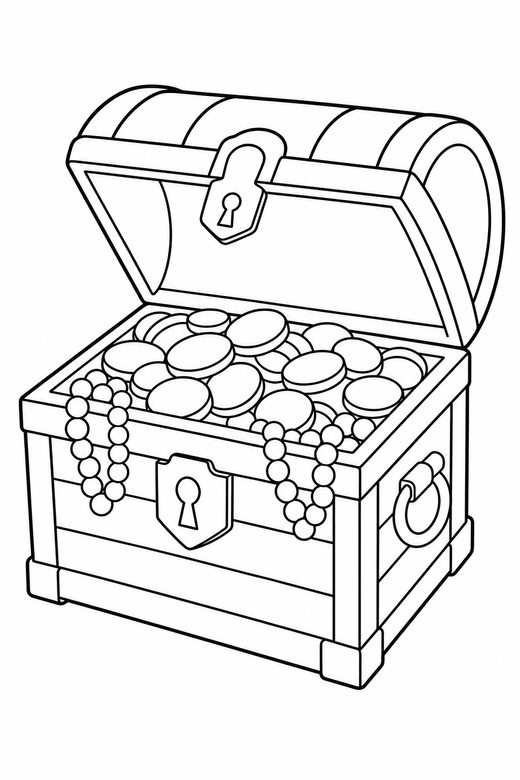 Treasure chest: An open treasure chest with round coins and pearls, free printable coloring page