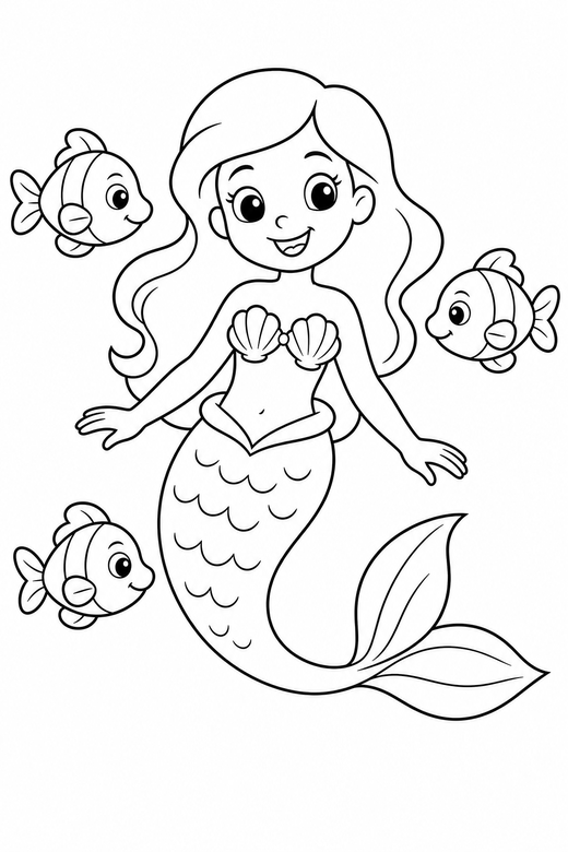 Mermaid with fish: A mermaid surrounded by three small fish, free printable coloring page