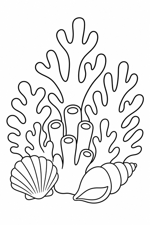 Coral and shells: A cluster of coral with two shells at its base, free printable coloring page