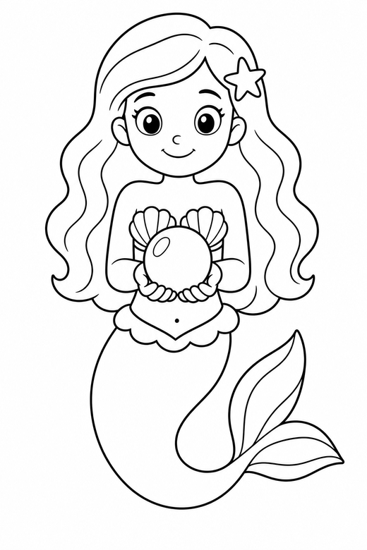 Mermaid holding a pearl: A mermaid cupping a large pearl in both hands, free printable coloring page