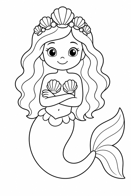 Mermaid with a crown: A mermaid wearing a shell crown, arms crossed, free printable coloring page