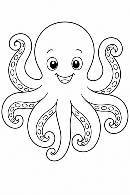 Octopus with curled arms: An octopus with eight curling arms and a friendly face, free printable coloring page