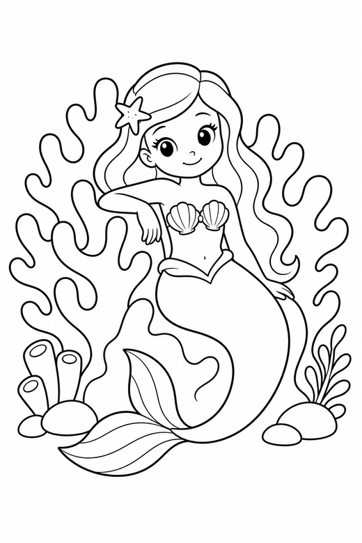 Mermaid resting on coral: A mermaid resting against a large coral formation, free printable coloring page