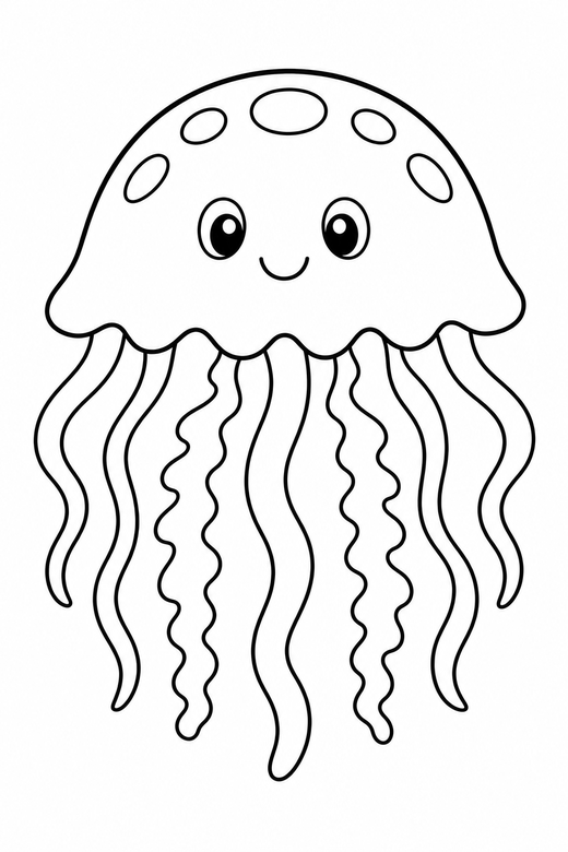 Jellyfish drifting: A jellyfish with a rounded bell and trailing tentacles, free printable coloring page