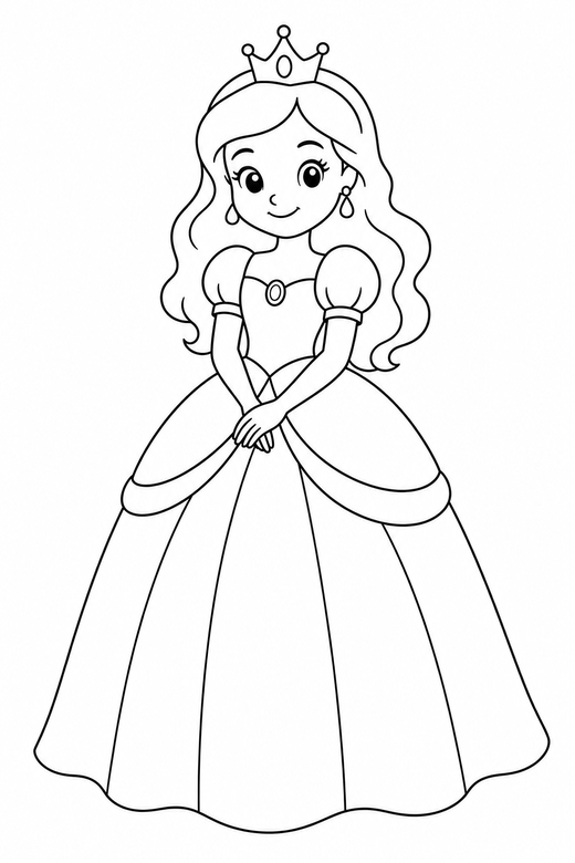 Princess in a gown: A princess standing in a long flowing gown with a small crown, free printable coloring page
