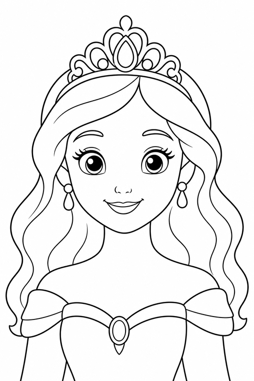Princess with a tiara: A princess portrait from the shoulders up wearing a tiara, free printable coloring page