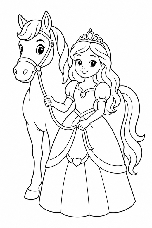 Princess and a horse: A princess standing beside a horse, holding its reins, free printable coloring page