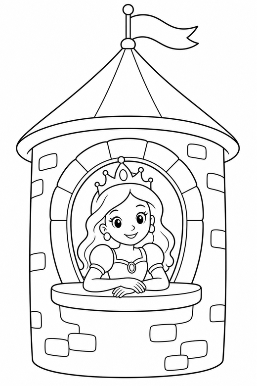 Princess in a tower window: A princess leaning out of a round tower window, free printable coloring page