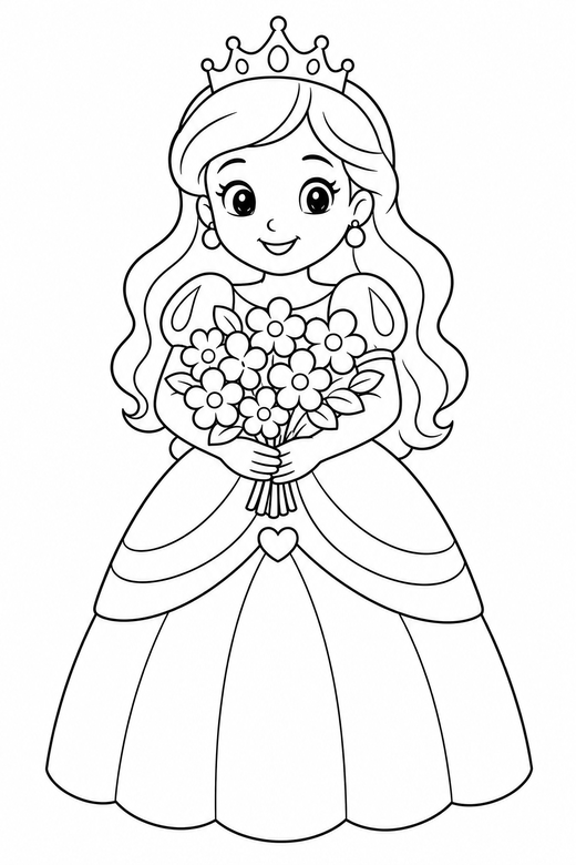 Princess with a bouquet: A princess holding a bouquet of flowers in both hands, free printable coloring page
