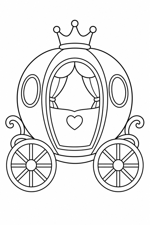 Royal carriage: A round carriage with large wheels and a small crown on top, free printable coloring page