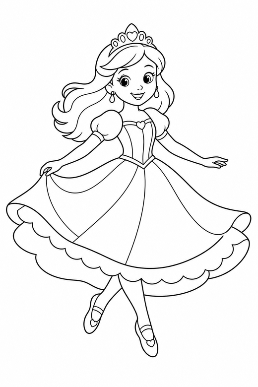 Princess dancing: A princess mid-twirl with her skirt flaring outward, free printable coloring page
