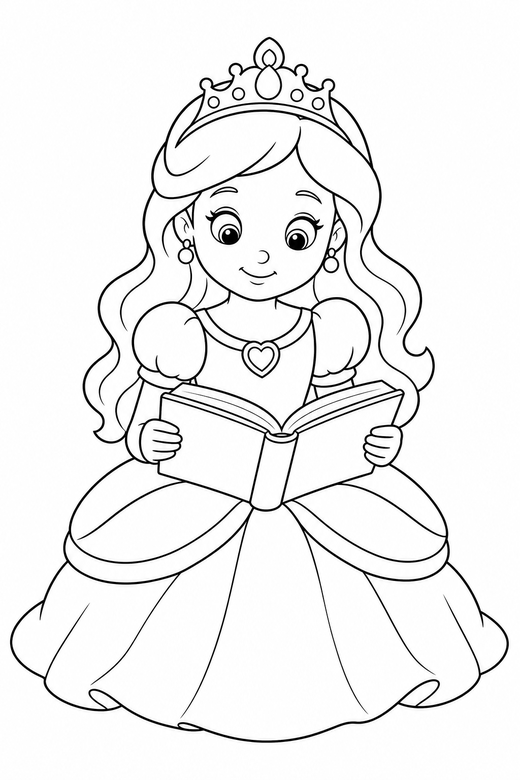Princess reading a book: A princess sitting and reading an open book, free printable coloring page