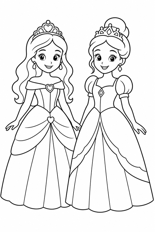 Two princesses: Two princesses standing side by side in different gowns, free printable coloring page