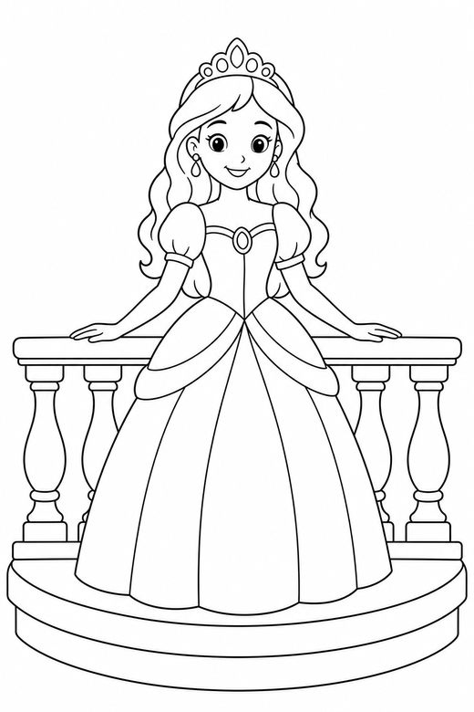 Princess on a balcony: A princess standing on a balcony with a railing, free printable coloring page
