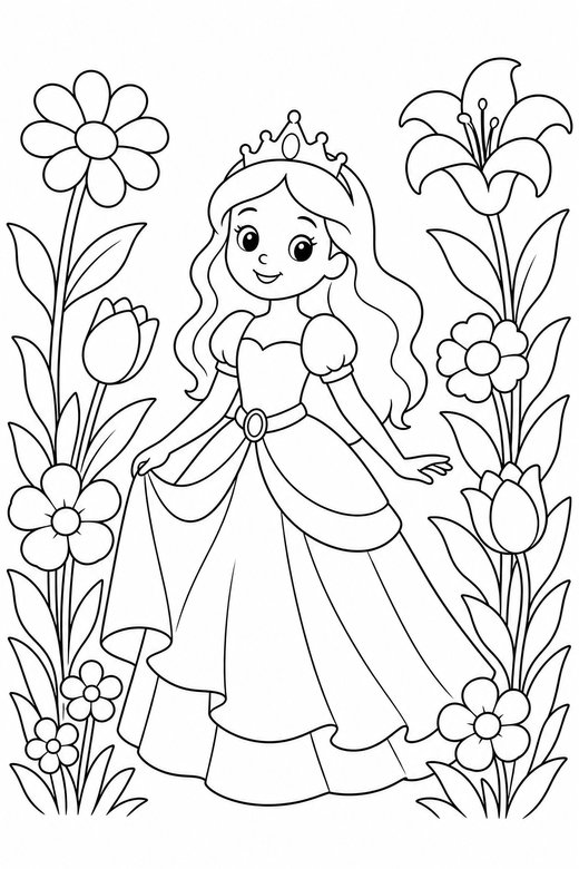 Princess in a garden: A princess walking through a garden of tall flowers, free printable coloring page
