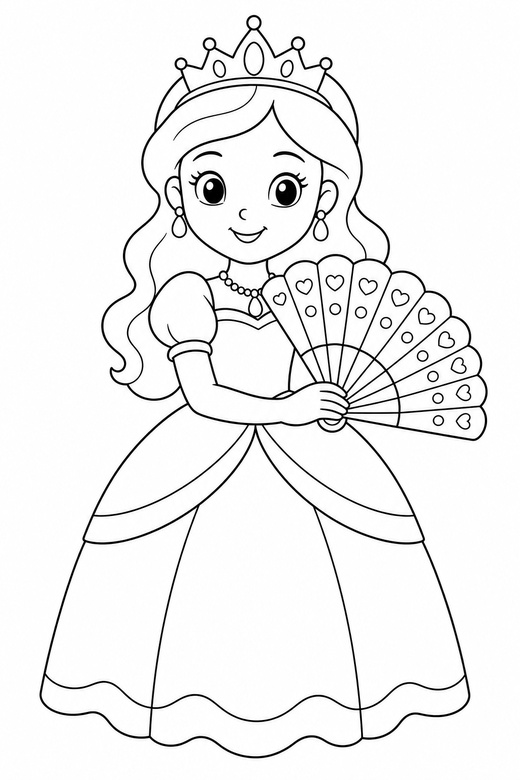 Princess with a fan: A princess holding an open decorative fan, free printable coloring page