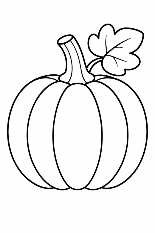 Plain round pumpkin: A single round pumpkin with clear ribs, a stalk and one leaf, free printable coloring page