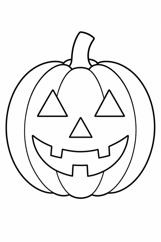 Carved jack-o-lantern: A pumpkin carved with triangle eyes and a toothy grin, free printable coloring page