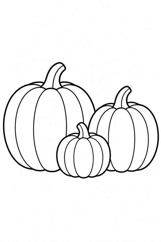 Three pumpkins in a row: Three pumpkins of different sizes lined up together, free printable coloring page