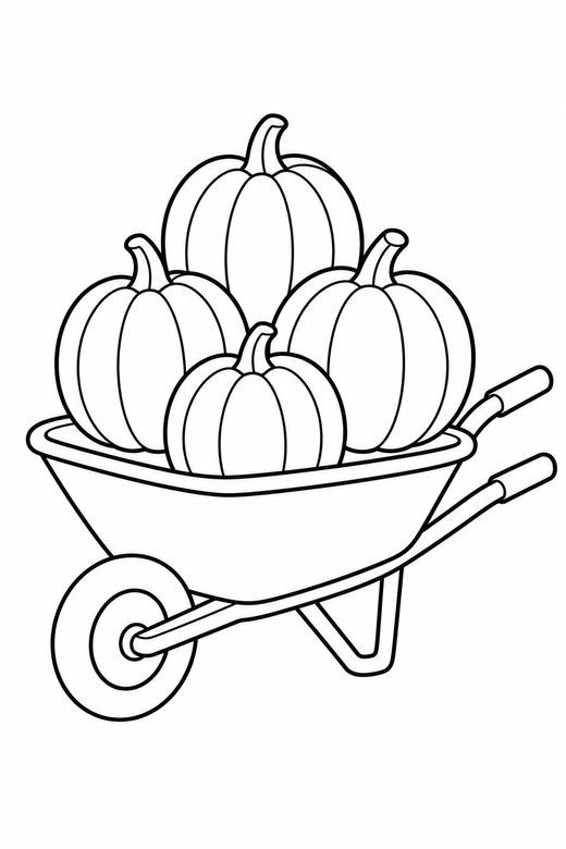 Wheelbarrow of pumpkins: A wheelbarrow loaded with four pumpkins, free printable coloring page