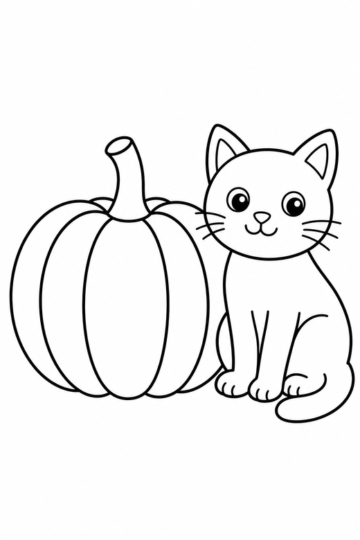 Pumpkin with a cat: A pumpkin with a cat sitting beside it, free printable coloring page