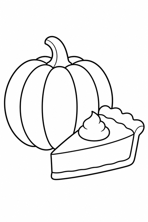 Pumpkin pie and pumpkin: A whole pumpkin beside a slice of pie, free printable coloring page