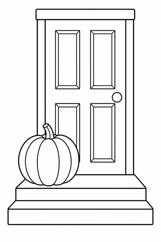 Pumpkin on a doorstep: A pumpkin sitting on a step beside a door, free printable coloring page