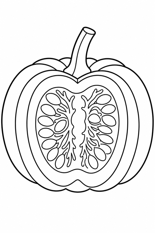 Pumpkin cut in half: A pumpkin sliced open showing seeds and fibres, free printable coloring page