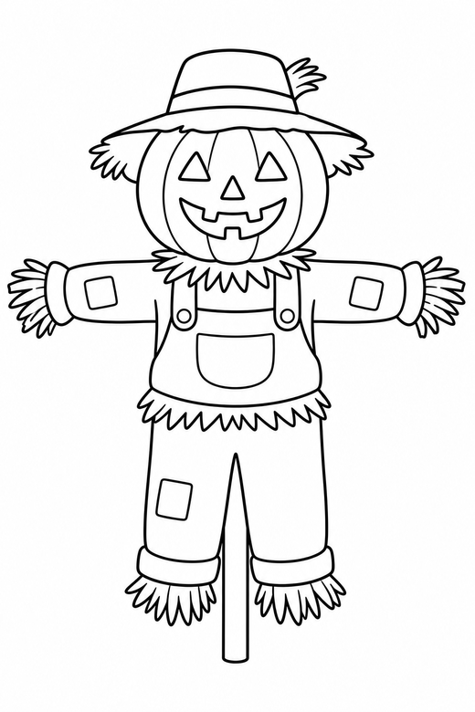 Pumpkin scarecrow head: A scarecrow with a pumpkin for a head and a straw hat, free printable coloring page