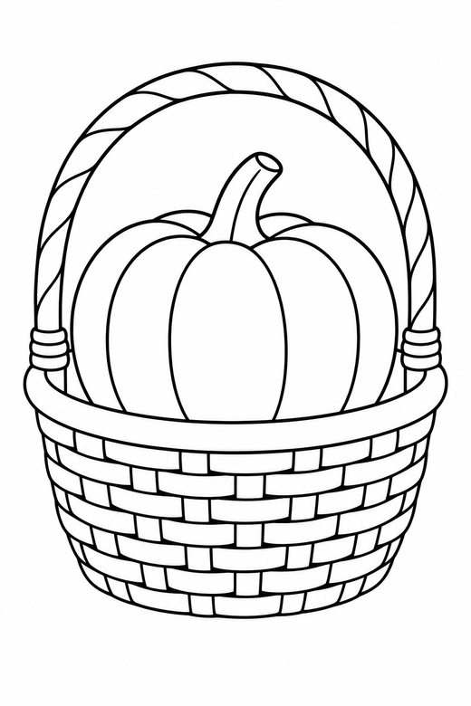 Pumpkin in a basket: A pumpkin sitting in a woven basket with a handle, free printable coloring page