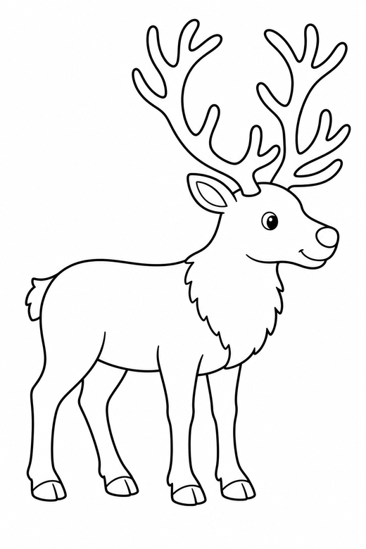 Reindeer standing: A reindeer standing in profile with large branching antlers, free printable coloring page