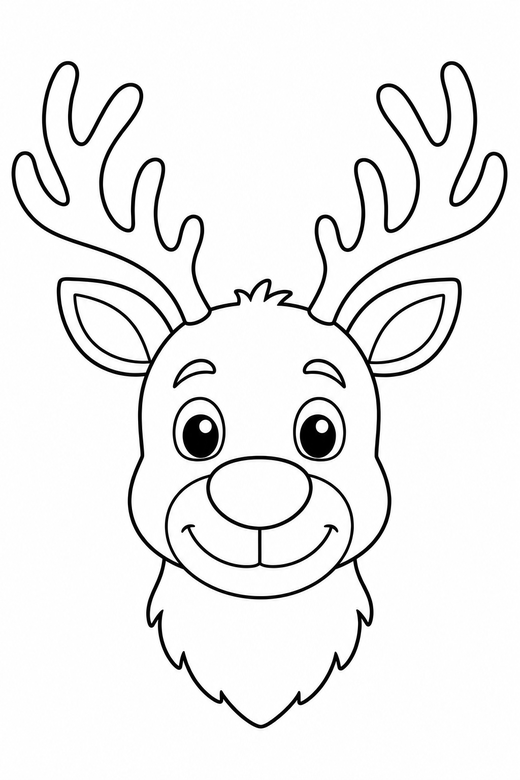 Reindeer face close-up: A reindeer head portrait facing forward with wide antlers, free printable coloring page