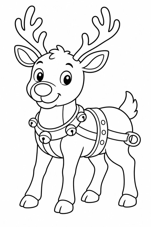 Reindeer in harness: A reindeer wearing a harness with bells, ready to pull, free printable coloring page