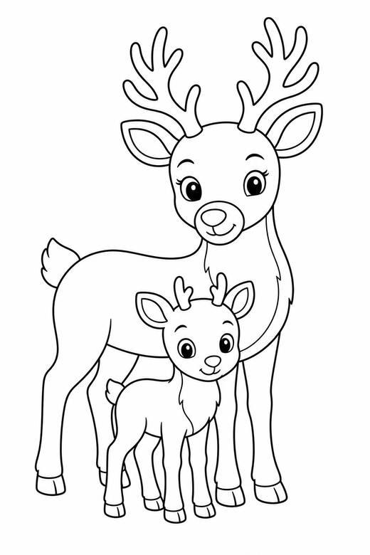 Reindeer calf: A small reindeer calf standing beside its mother, free printable coloring page