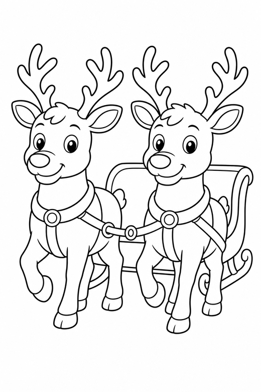 Two reindeer pulling: Two reindeer side by side pulling a sleigh harness, free printable coloring page