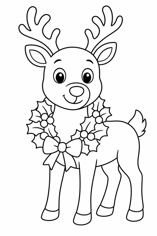 Reindeer with a wreath: A reindeer wearing a wreath collar around its neck, free printable coloring page