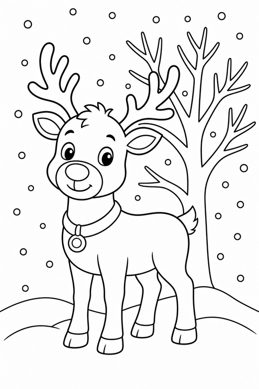 Reindeer in the snow: A reindeer standing in falling snow with a bare tree behind, free printable coloring page