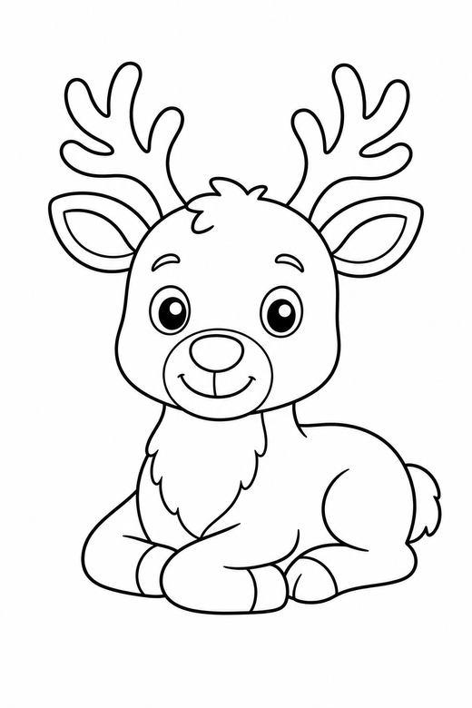 Reindeer resting: A reindeer lying down with legs folded beneath it, free printable coloring page