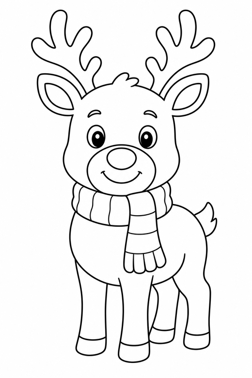 Reindeer with a scarf: A reindeer wearing a knitted scarf around its neck, free printable coloring page