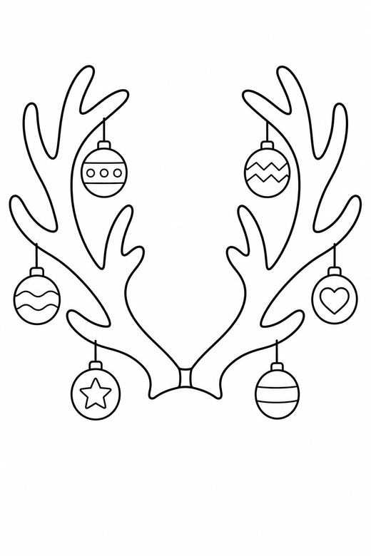 Reindeer antlers close-up: A pair of large branching antlers with decorative baubles hanging, free printable coloring page