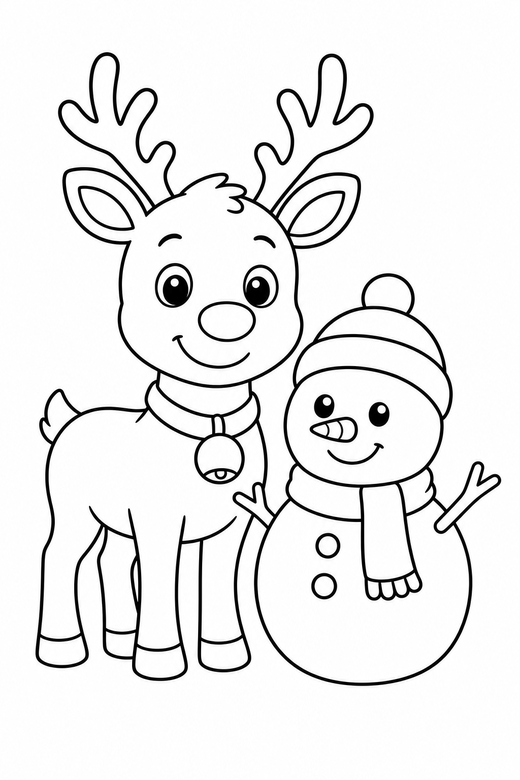 Reindeer and a snowman: A reindeer standing beside a small snowman, free printable coloring page