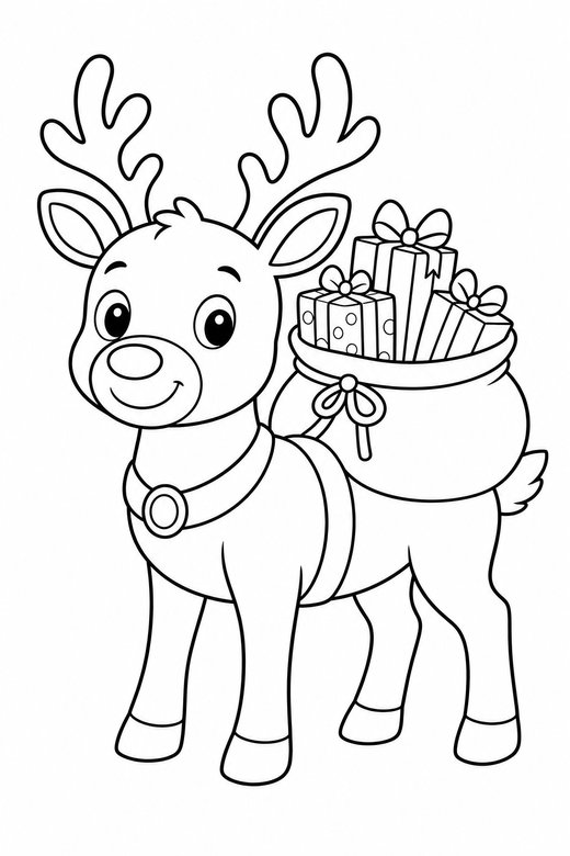 Reindeer with a saddle bag: A reindeer carrying a bag of presents on its back, free printable coloring page