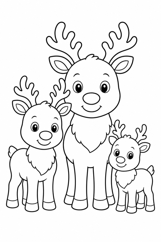 Reindeer family: Three reindeer of different sizes standing together, free printable coloring page