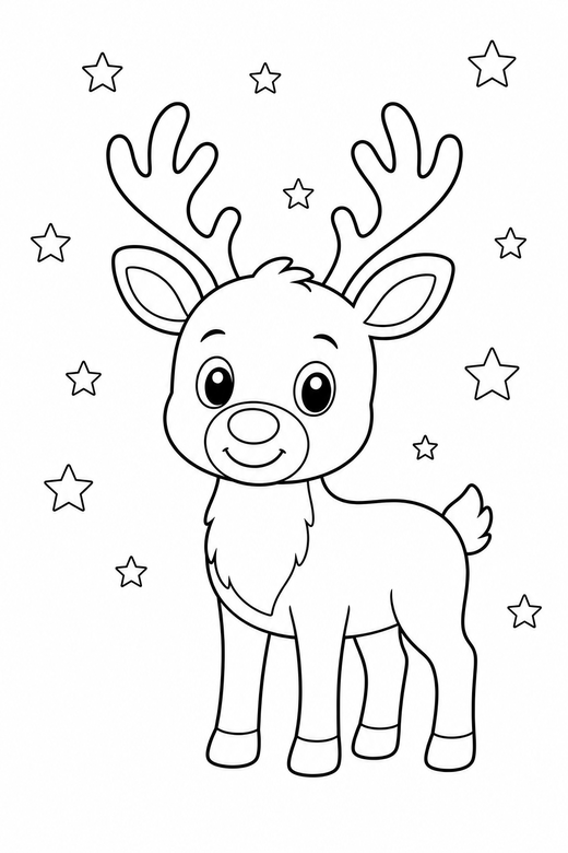 Reindeer under the stars: A reindeer standing beneath a sky of simple stars, free printable coloring page