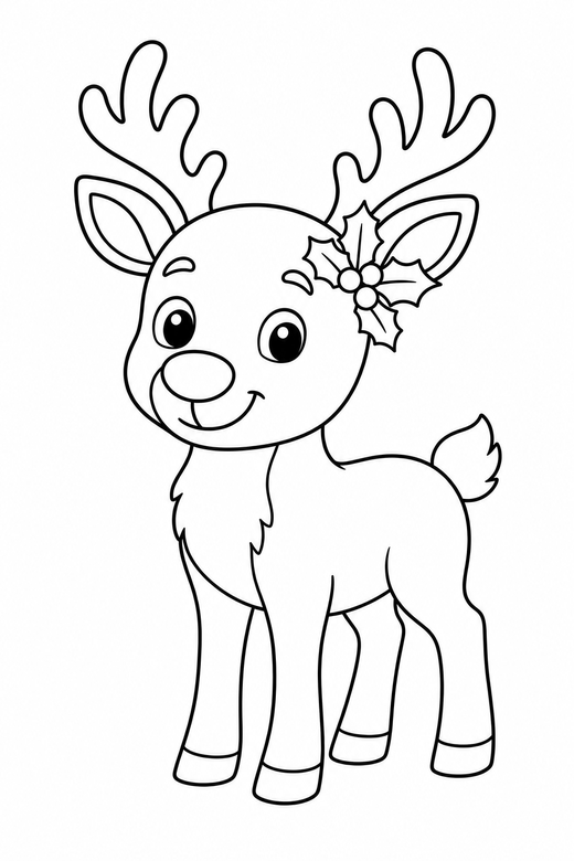 Reindeer with holly: A reindeer with a sprig of holly tucked behind its ear, free printable coloring page