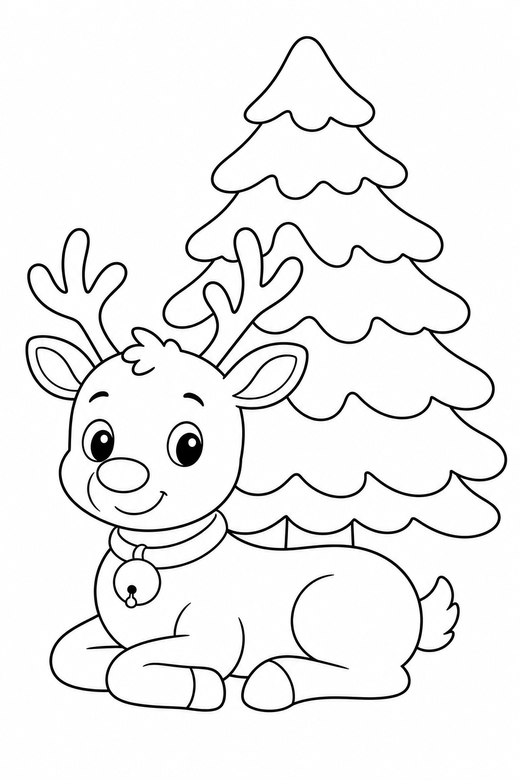 Reindeer resting by a tree: A reindeer resting beside a snowy fir tree, free printable coloring page