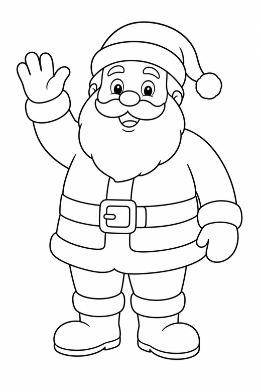Santa waving: Santa standing and waving with one hand raised, full body, free printable coloring page