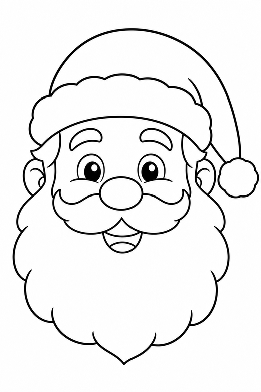 Santa face close-up: A Santa face portrait with a full beard and hat, free printable coloring page